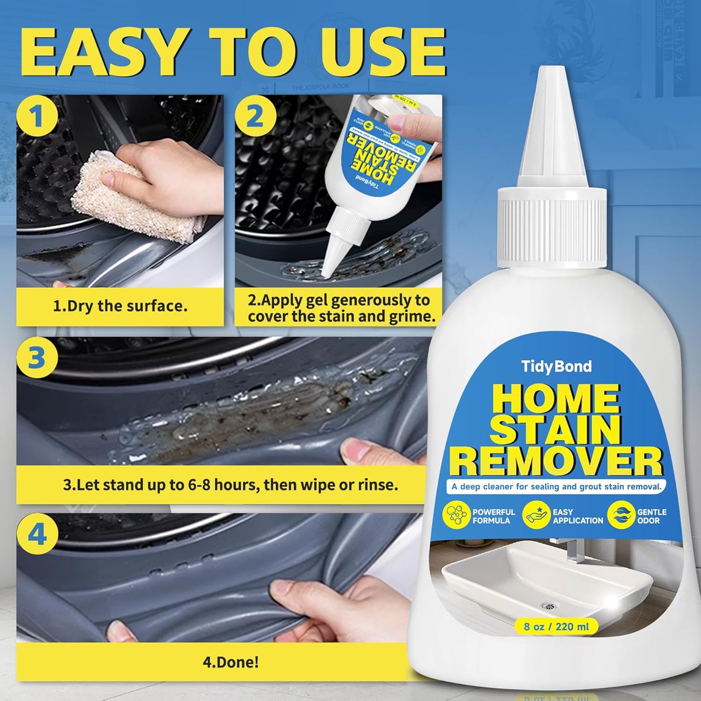 Home Stain Remover Gel, Heavy Duty Stain Cleaner, Deep Clean for Front Loader Washing Machine Seal, Refrigerator Strips, Rubber Gasket, Bathroom Grout, Tile, Shower, Caulk - 8 fl oz