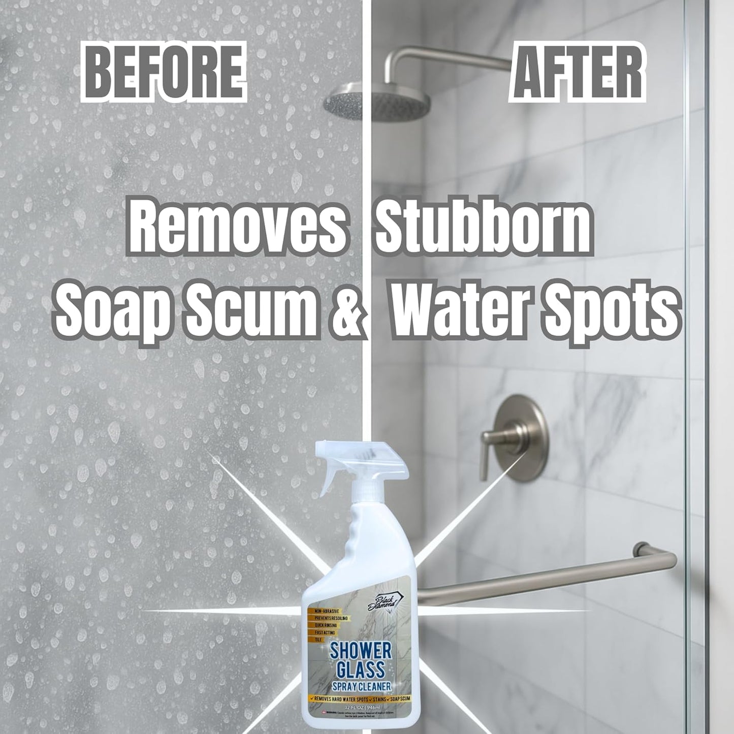 Black Diamond Stoneworks Shower Glass Cleaner – Professional Strength Shower Door & Tile Spray - Removes Hard Water Stains, Soap Scum & Water Spots, Non-Abrasive, Prevents Resoiling (32oz)