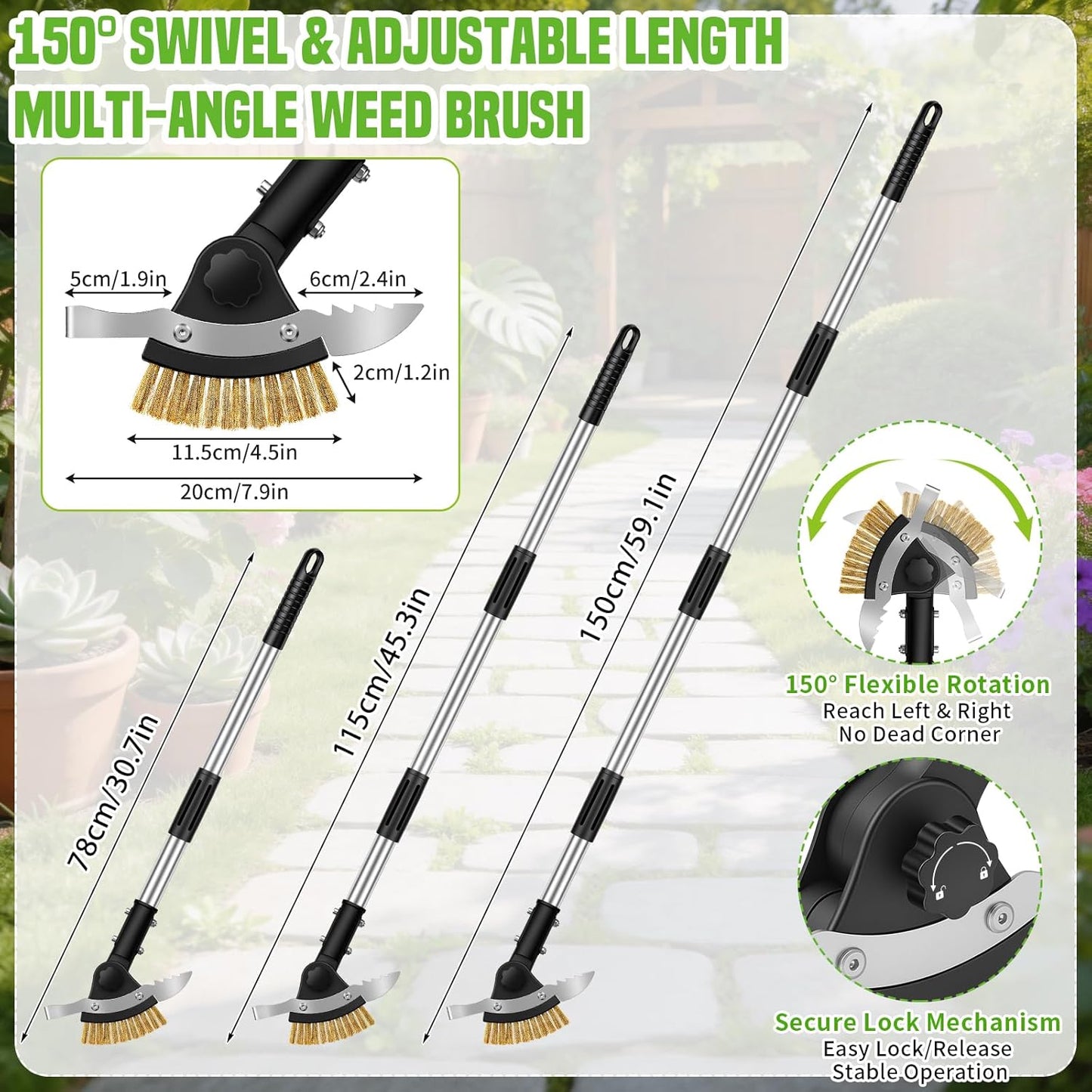 Hysagtek Crack Weeder Long Handle - 3-in-1 Adjustable Crevice Cleaning Brush with 2 Scrapers, Durable Manual Stainless Steel Weed Puller Tool for Driveway Patio Sidewalk Garden Lawn