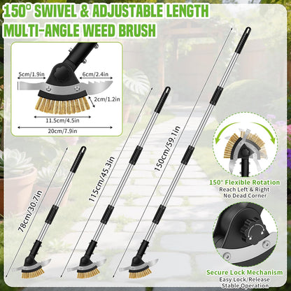 Hysagtek Crack Weeder Long Handle - 3-in-1 Adjustable Crevice Cleaning Brush with 2 Scrapers, Durable Manual Stainless Steel Weed Puller Tool for Driveway Patio Sidewalk Garden Lawn