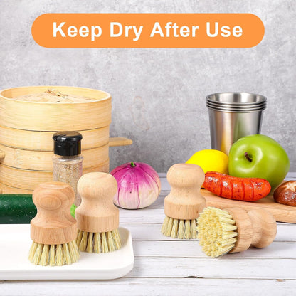 cobee 12Pcs Bamboo Dish Scrub Brushes, Kitchen Dishwashing Scrubber with Natural Sisal Bristles Round Wooden Dish Scrubber Brush for Iron Pot Pan Food Kitchen Sink Fruit Vegetable Wash