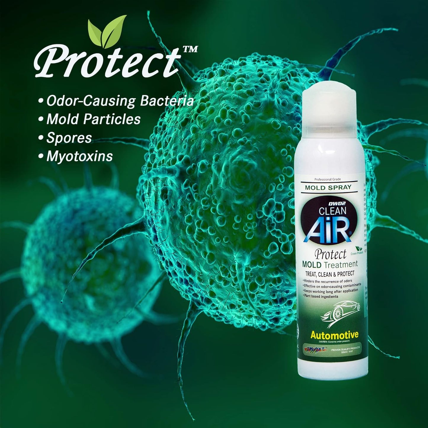 DWD2 Protect™ Automotive Mold Treatment - Revitalize Your Car's Interior The Green Automotive Mold Treatment Solution. Say Goodbye to Unpleasant Odors and Hello to a Fresh and Protected Cabin (FOGGER)