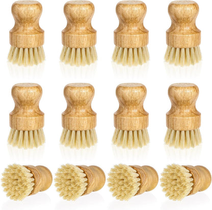 12 Pcs Bamboo Dish Scrub Brushes Kitchen Dishwashing Cleaning Brush Wooden Scrubbers Set Sisal Bristles Cleaner Scrubber for Washing Cast Iron Pan Pot Sink Spatula