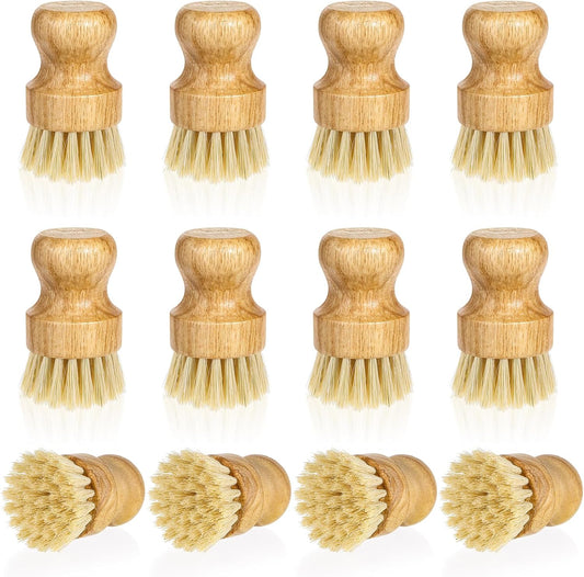 12 Pcs Bamboo Dish Scrub Brushes Kitchen Dishwashing Cleaning Brush Wooden Scrubbers Set Sisal Bristles Cleaner Scrubber for Washing Cast Iron Pan Pot Sink Spatula