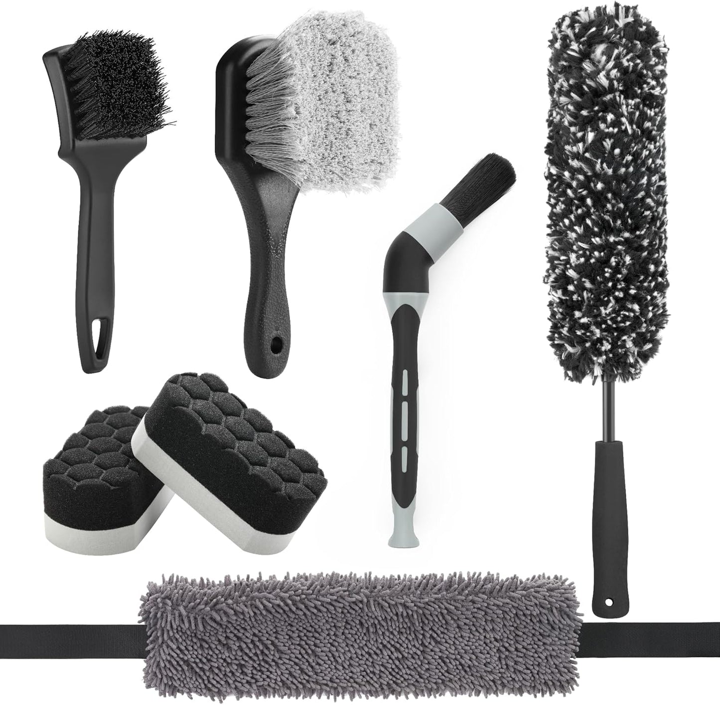 Fantasticlean 7PCS Car Wheel Cleaning Pro Kit, Tire Brush, Soft-bristled Rim Brush, Microfiber Flat Wheel Brush, Double-Ended Detailing Brush, Detailing Pads, Scratch-Free & Multipurpose