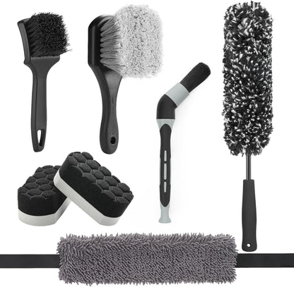 Fantasticlean 7PCS Car Wheel Cleaning Pro Kit, Tire Brush, Soft-bristled Rim Brush, Microfiber Flat Wheel Brush, Double-Ended Detailing Brush, Detailing Pads, Scratch-Free & Multipurpose