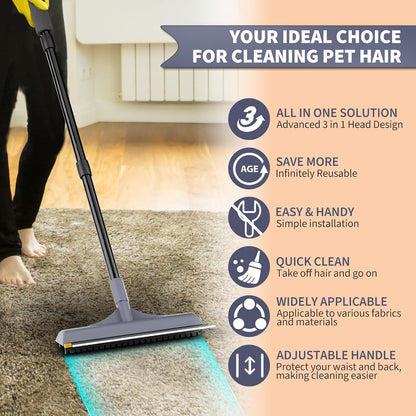 Carpet Rake for Pet Hair Removal - Reusable Dog & Cat Hair Remover with 58" Reinforced Steel Handle, 3-in-1 Professional Modular Rug Rake & Scraper Tool for Shag Rugs, Couch, Stairs (Orange)