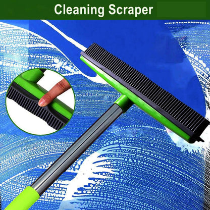 Telescopic Rubber Broom with Squeegee, Multifunction Adjustable Pet Hair Removal Carpet Rake for Fluff Rug Hardwood Floor (Black)