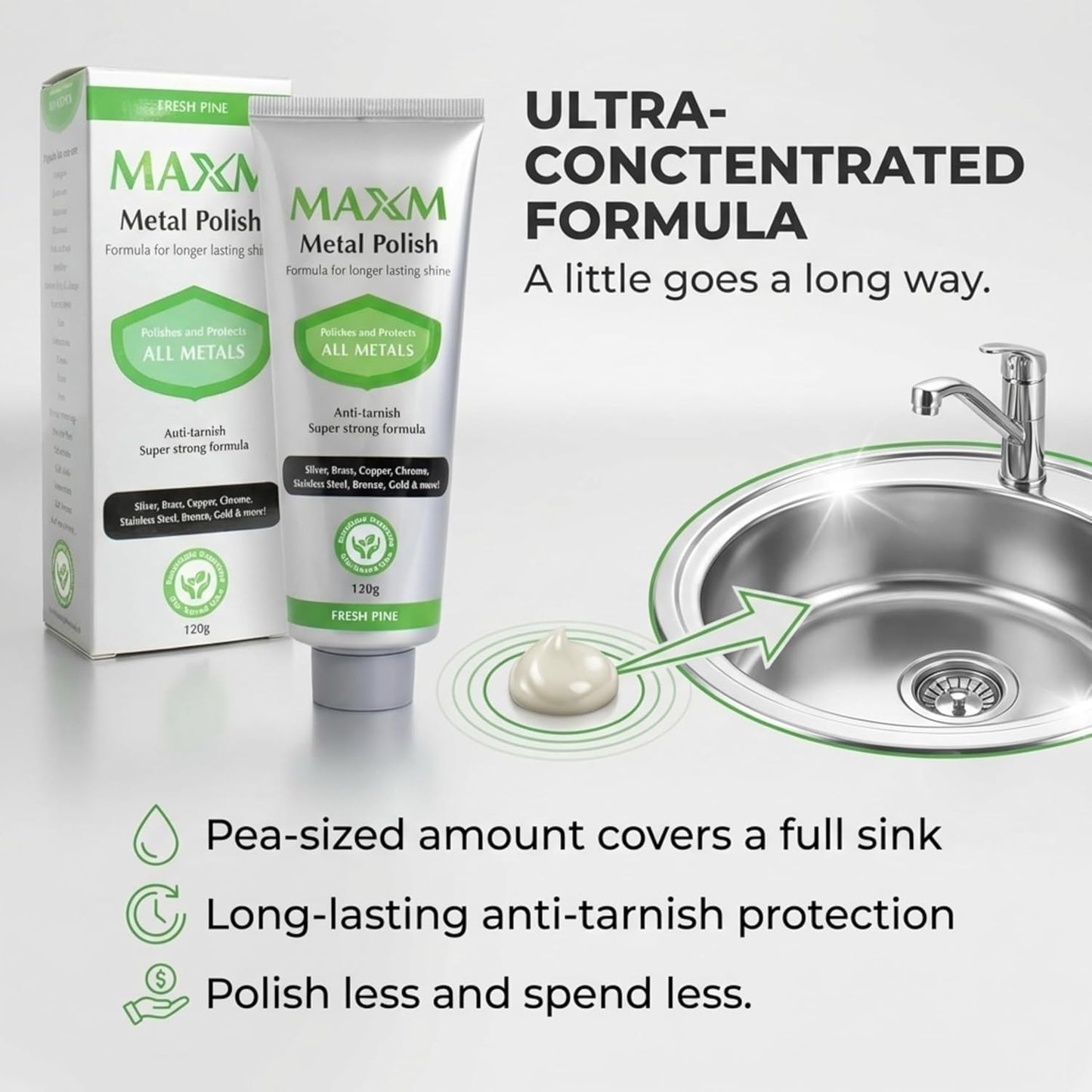 maxm Metal Polish Paste for Stainless Steel Polish, Chrome Polish & Aluminum Polish – Rust Remover for Metal, Stainless Steel Scratch Remover, Polishing Compound Non-Toxic, Fresh Pine Scent, 4.2 oz