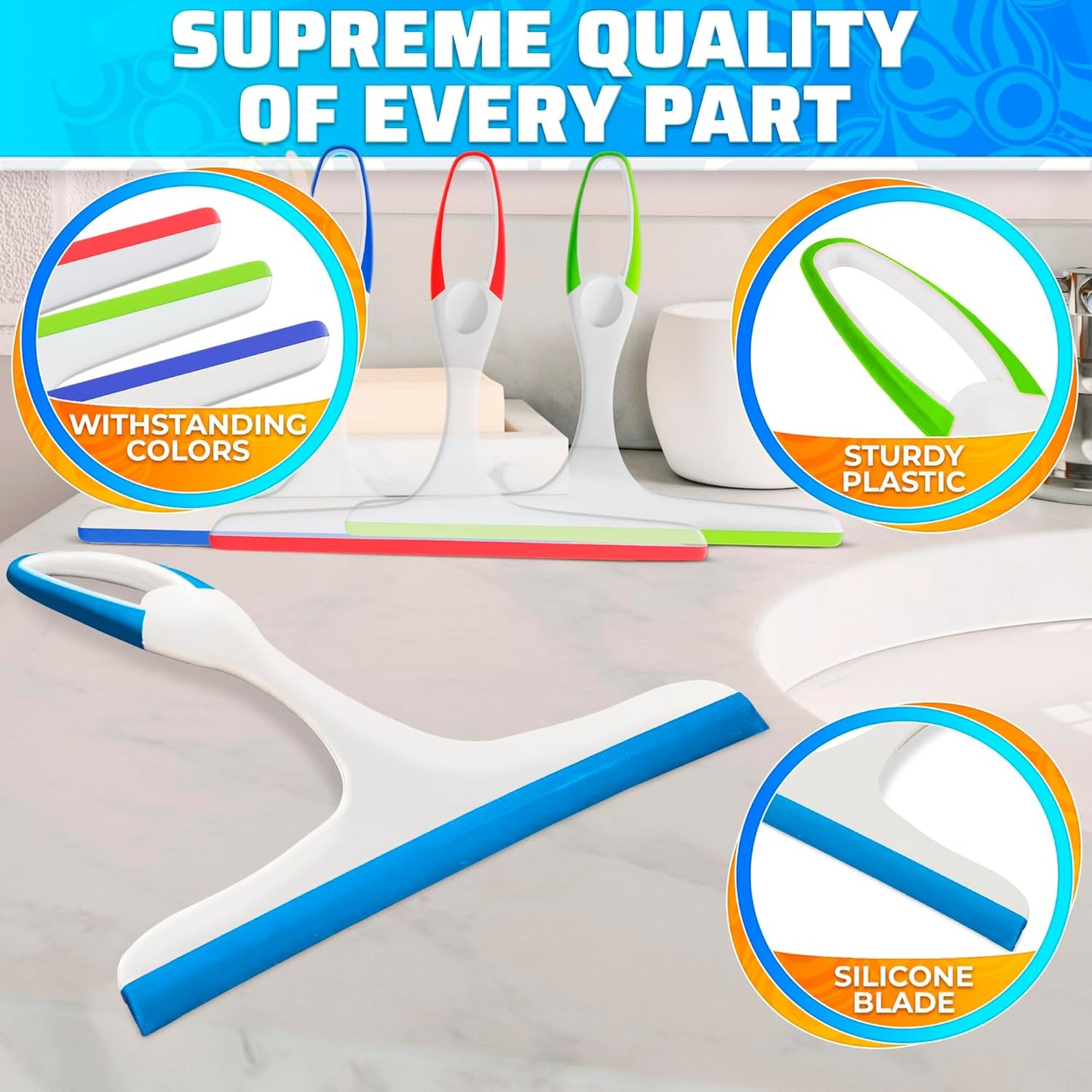 4Pcs 9.5” Hand Squeegee for Shower Glass - Durable Plastic Grip, Random Colors, Flexible Silicone Blade, Easy Hanging Hook, Lightweight Ergonomic Shower Squeegee for Glass Doors, Windows, and Tiles