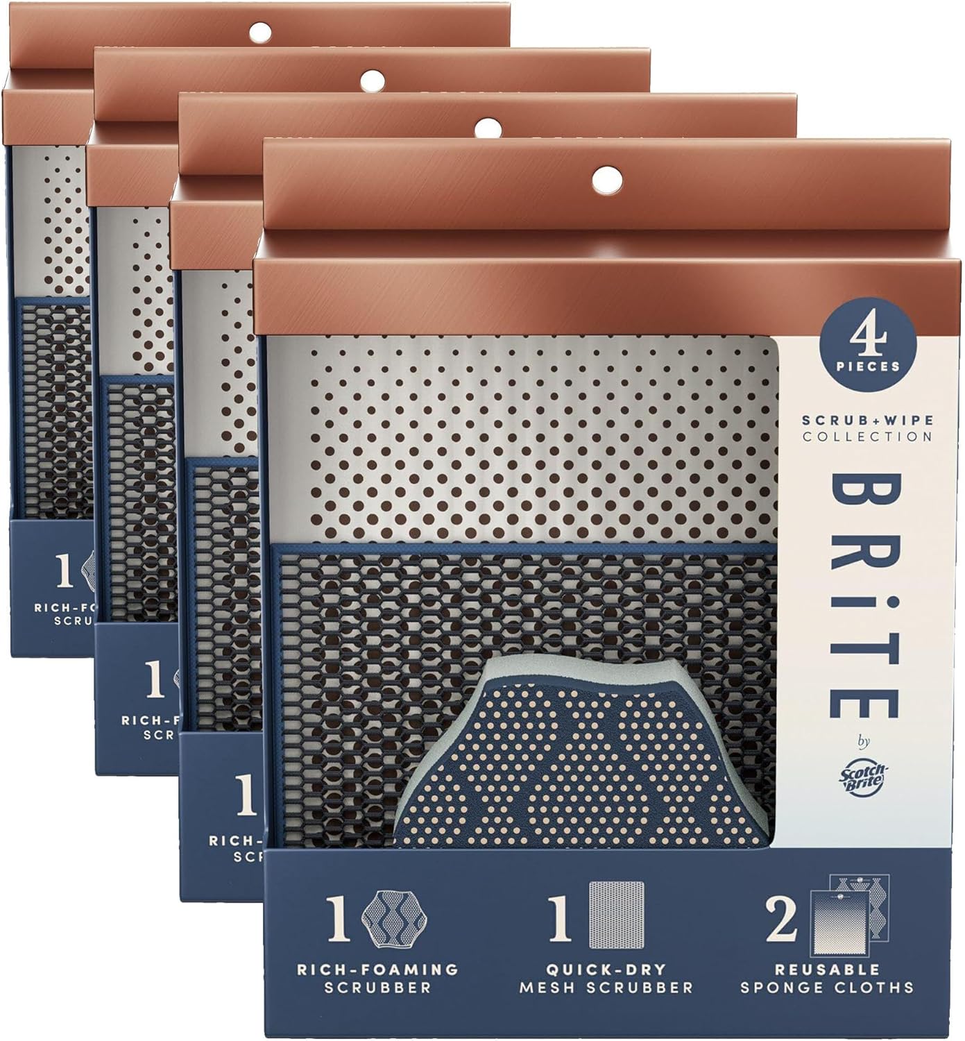 Brite by Scotch-Brite Limited Edition 4-Piece Scrub and Wipe Collection with 1 Rich-Foaming Dish Scrubber, 1 Quick-Dry Mesh Scrubber, and 2 Reusable Sponge Cloths