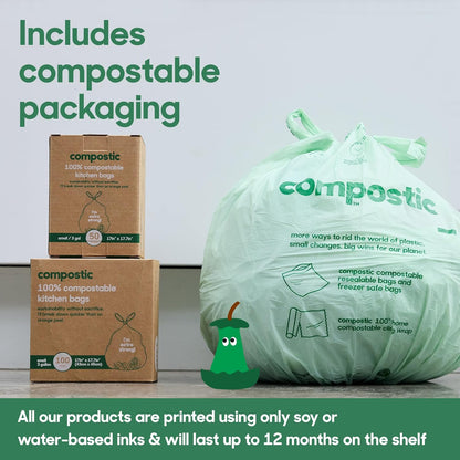 Compostic Compostable Trash Bags, 13 Gallon Tall Kitchen (50 Count) Starter Pack — Extra Strong, Home Compostable, Plant-Based, Non-Toxic, Unscented Garbage Bags