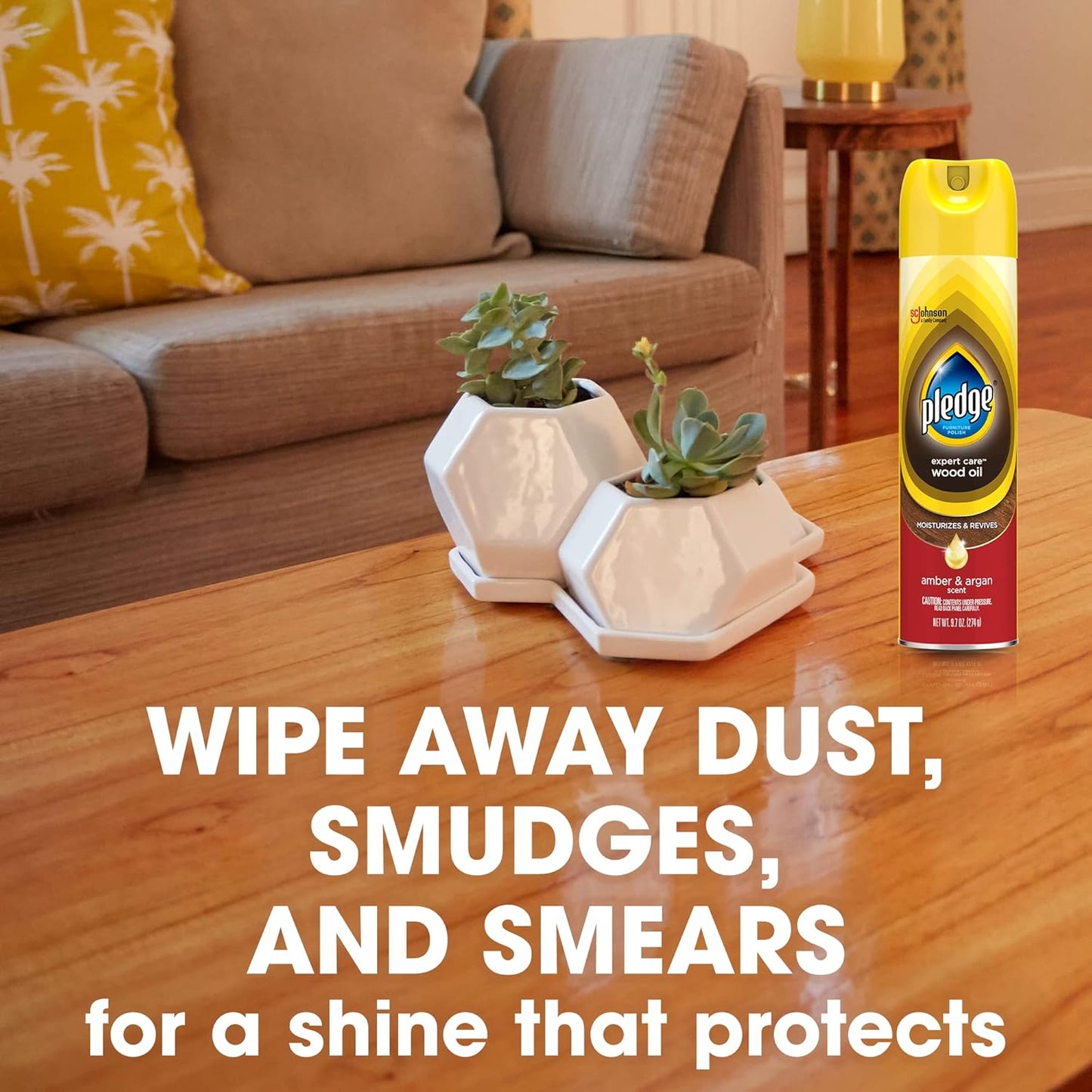 Pledge Moisturizing Wood Oil, Furniture Reviving and Protecting Conditioner and Dusting Spray, Revitalizes Wood, Sealed Leather and Laminate, Made with Mineral Oils - Amber & Argan Scent, 9.7oz
