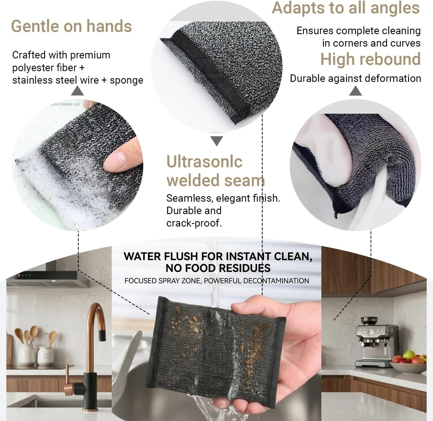 6 Pack Heavy Duty Steel Wool Scrubber Sponges, Stainless Steel Scrubbing Sponge for Pots, Pans & Grills, Multi-Surface Kitchen Dish Scrubber for Cast Iron & Griddle, Black