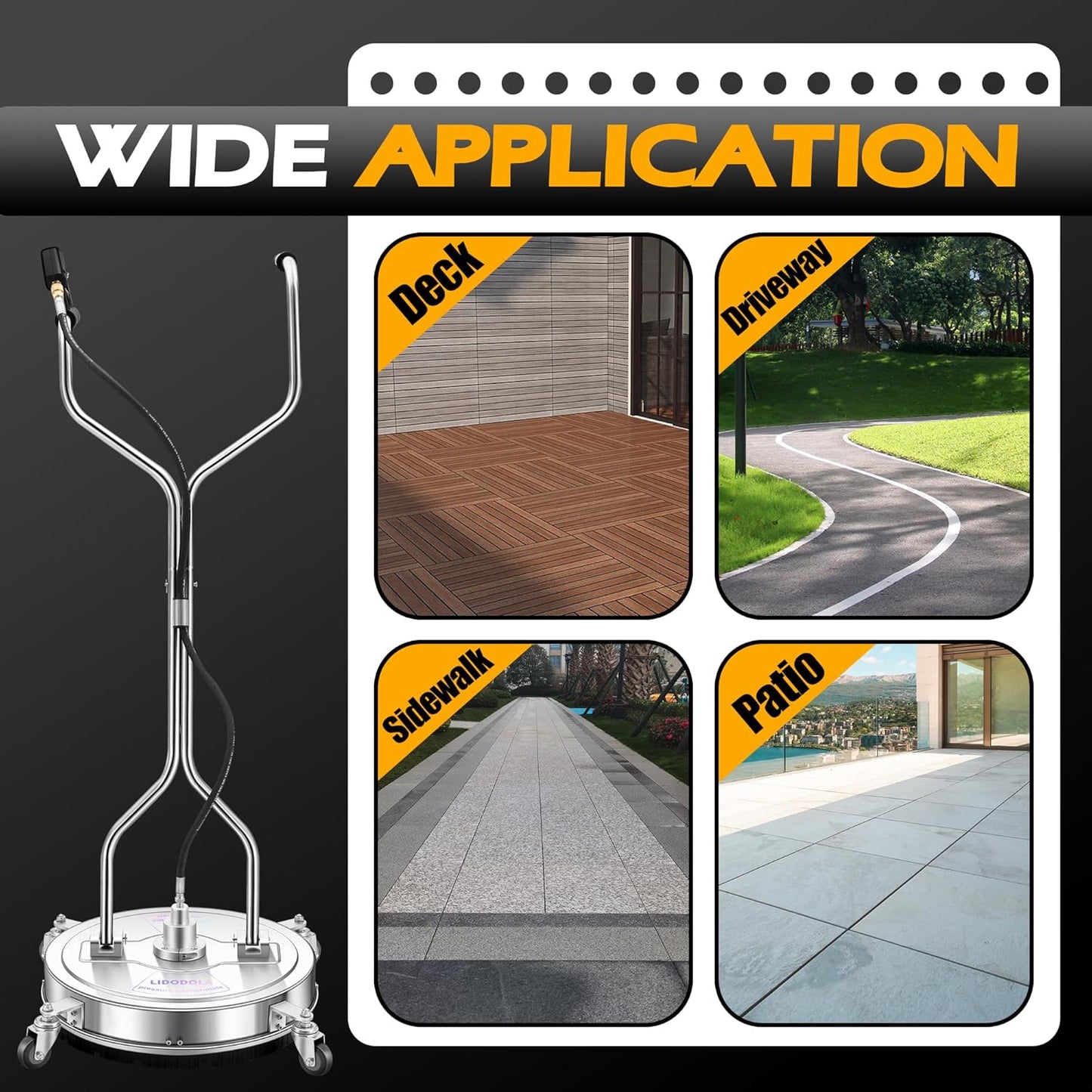 14" Pressure Washer Surface Cleaner with 4 Wheels - Stainless Steel Surface Cleaner for Pressure Washer Attachment for Concrete, Patio, Sidewalk, Deck and Driveways - PWS14