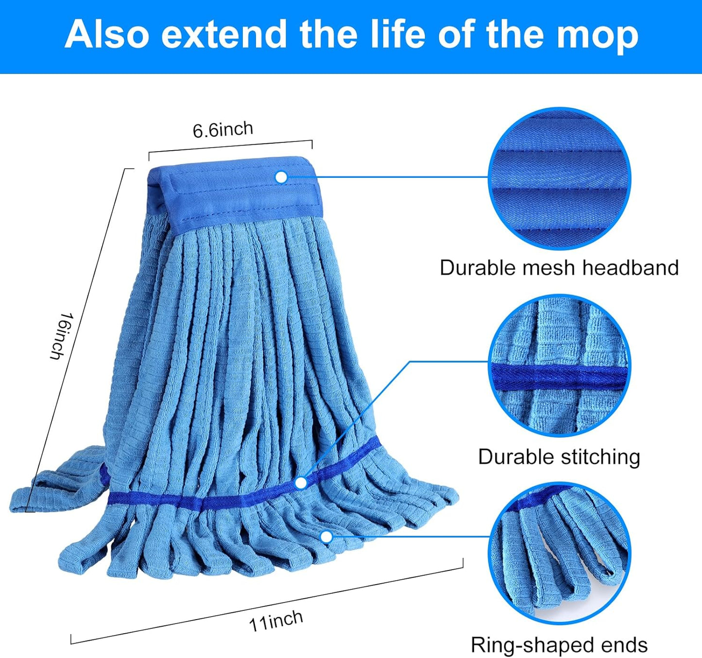 5 Pack Commercial Mop Head Replacement, Heavy Duty Microfiber Mop Heads, 6.6 in Industrial Headband Looped End Refill for Industrial Floor Cleaning Hardwood Tile Concrete, Vacuum Packaging 18oz