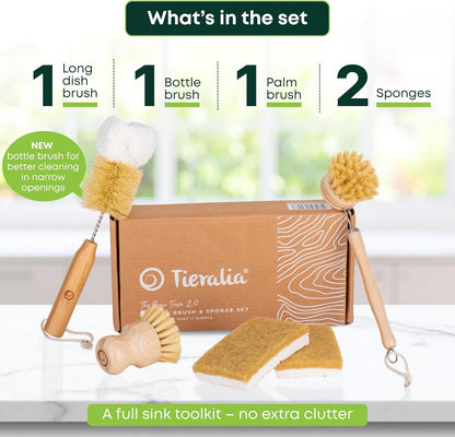 Tieralia Bamboo Dish Brush Gift Set – 5-Piece Kitchen Cleaning Set with Bottle Brush, Round Scrub Brush, Palm Brush & 2 Plant-Based Sponges | Wooden Handle Cleaning Tools for Dishes & Surfaces