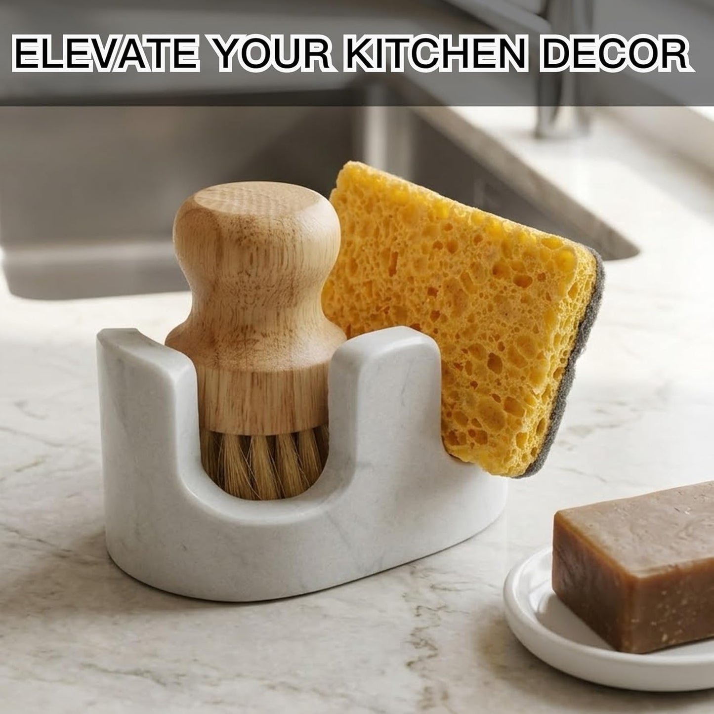 White Marble Sponge Holder for Kitchen Sink, 2-in-1 Sponge & Brush Holder with Raised Edge, 2 Slot Natural Stone Sink Caddy for Countertop, Keeps Countertops Dry, Non-Slip Base, Modern Kitchen Decor