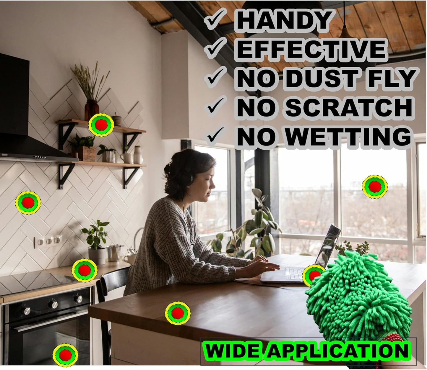 QUALIALL, Green Chenille Microfiber Dusting Mitt, 10.5x8 Inch, Electrostatic, Reusable, Scratch-Free, No-Dust Fly Duster for Sensitive Surfaces