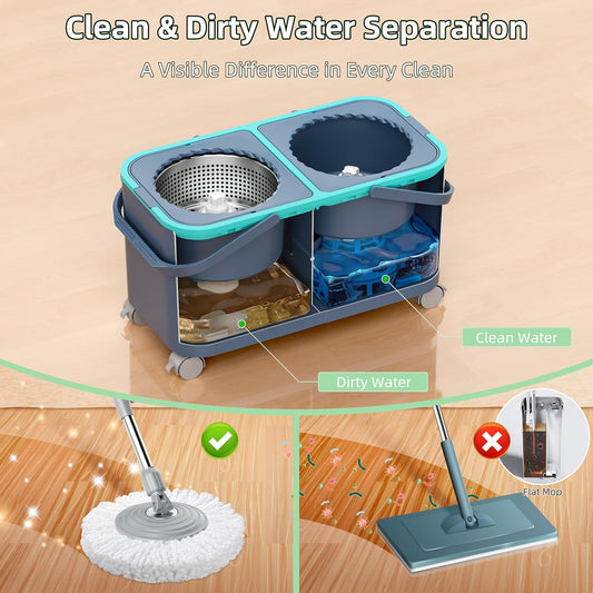 2026 Upgraded Gen 2 Spin Mop and Bucket Set with 4 Swivel Wheels for Easy Rolling, Separates Clean & Dirty Water, Floor Mop with 6 Washable Mop Heads for Wood, Tile, Vinyl, Baseboards - Grey/Blue