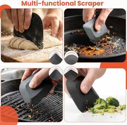 Cast Iron Scrubber with Long Handle | 316 Cast Iron Cleaner Chainmail Scrubber for Pan Skillet Cleaner - Dish Scouring Pad Dishwasher Safe Cleaning Kit (Blue, 1 Scrubber + 1 Scraper)