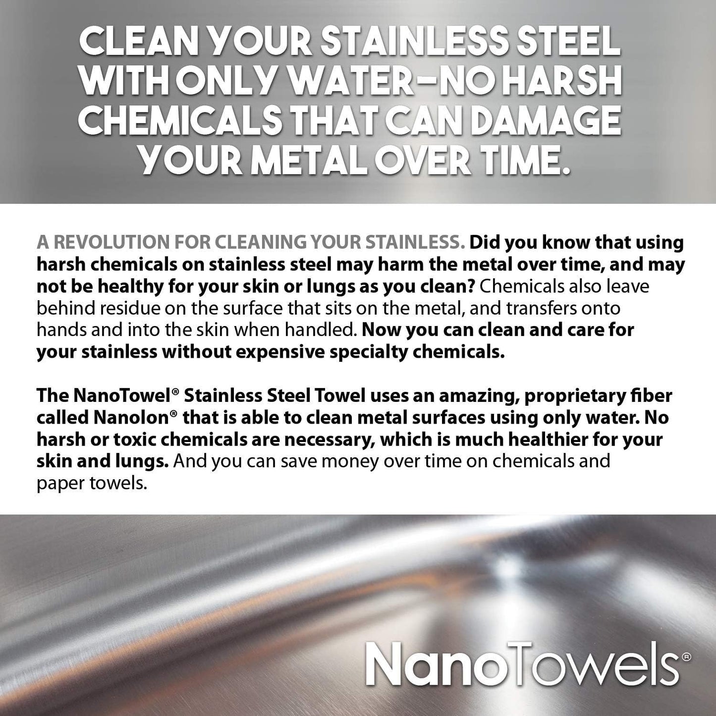 Nano Towels Stainless Steel Cleaner | The Amazing Chemical Free Stainless Steel Cleaning Reusable Wipe Cloth | Kid & Pet Safe | 7x16 (1 pc)