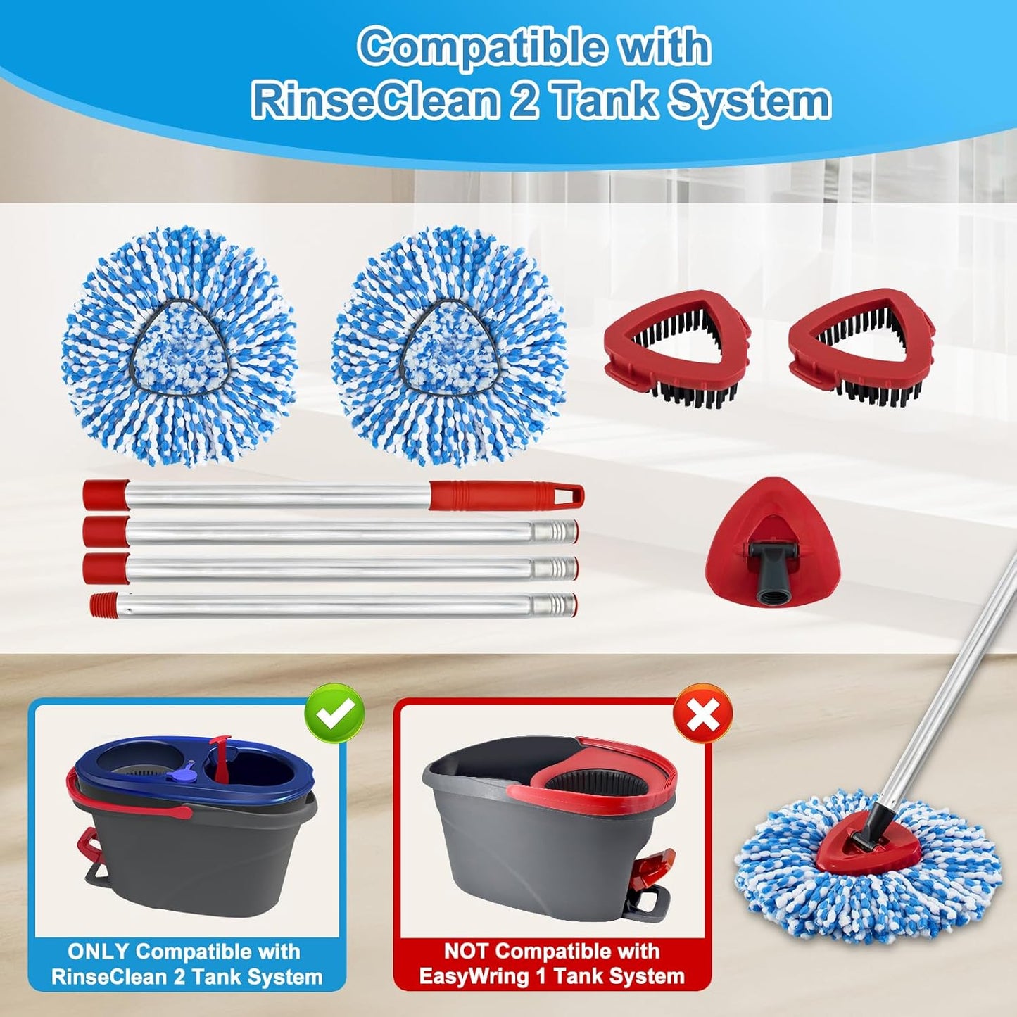 Spin Mop Handle, Mop Replacement Head,Brush,Base Compatible with OCedar EasyWring 1 Tank,2 Microfiber Mop Refills,1 Mop Base,1 Brush and 30-58" Mop Handle Combo Set for OCeda,Use for Floor Cleaning