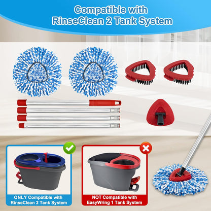 Spin Mop Handle, Mop Replacement Head,Brush,Base Compatible with OCedar EasyWring 1 Tank,2 Microfiber Mop Refills,1 Mop Base,1 Brush and 30-58" Mop Handle Combo Set for OCeda,Use for Floor Cleaning