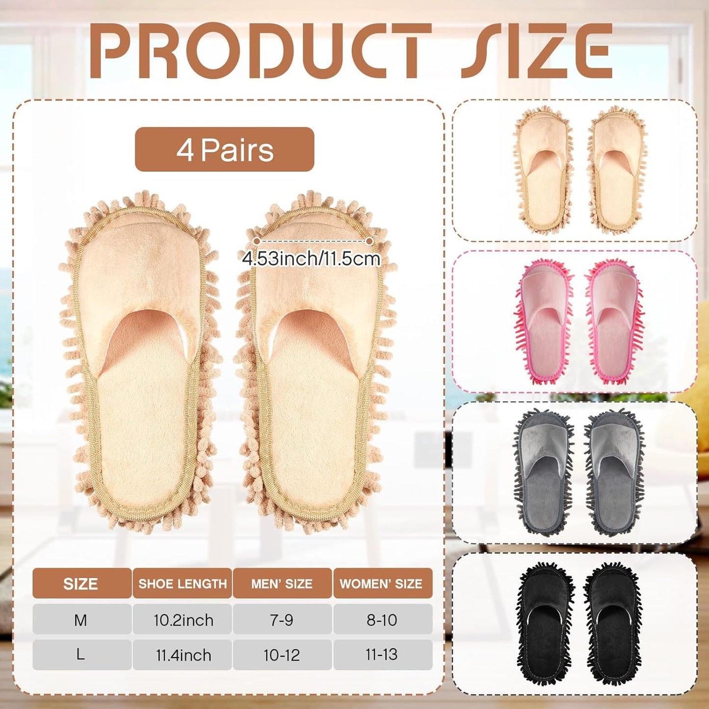 Jecery 4 Pair Washable Microfiber Mop Slippers Detachable Dusting Shoes for Floor Cleaning, Office & Home Use Suitable for Women & Men(Blue, Brown, Beige, White,L Size)