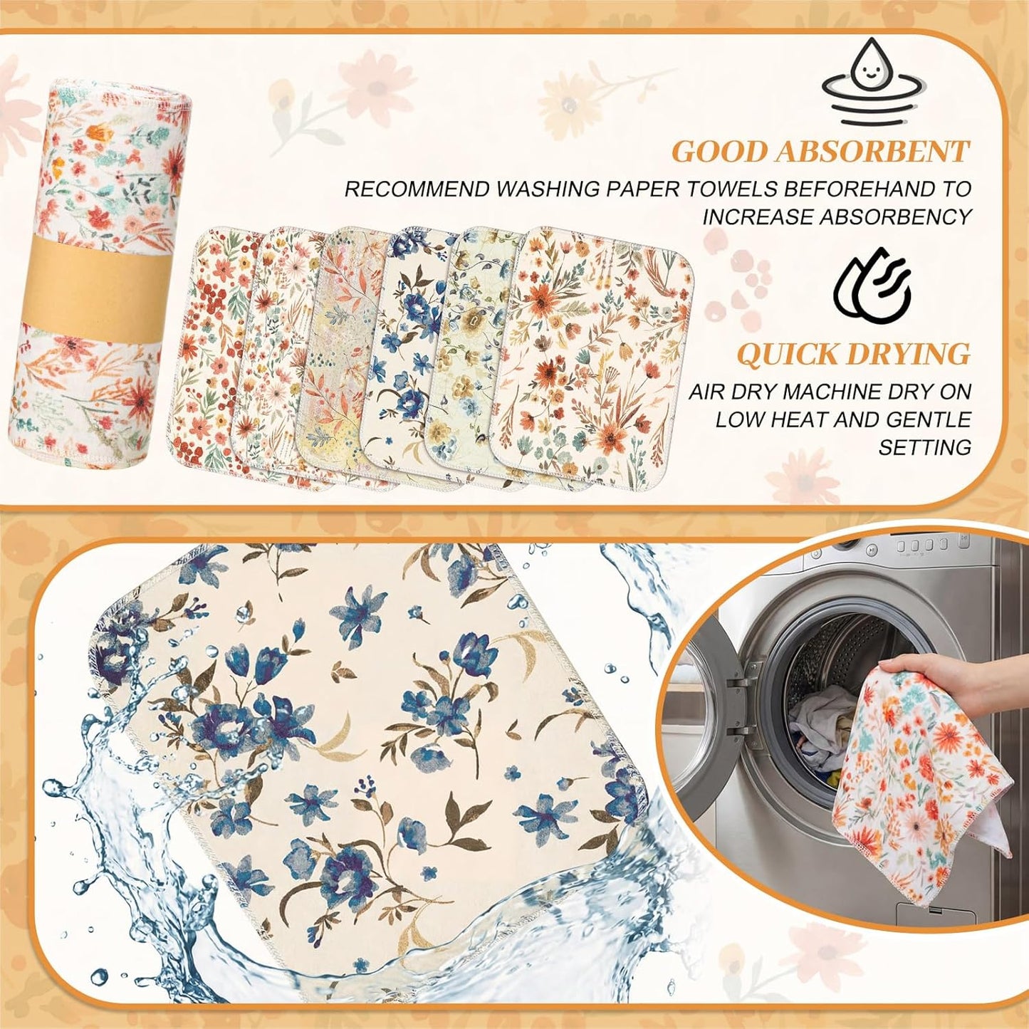 Redbaker 30 Pcs Reusable Paper Towels Rolls Kitchen Towels Bulk Washable Paperless Cloth Cotton Hand Napkins with Cardboard Reusable Napkins for Kitchen Bathroom(Floral,10 x 12 in)