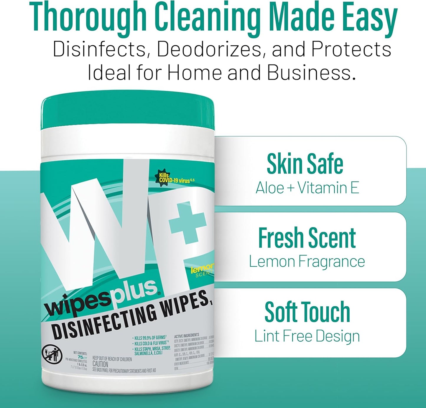 WIPESPLUS Disinfecting Surface Wipes Canister Bleach Free with Lemon Scent for Home and Business, 450 Count, (6 Packs of 75)