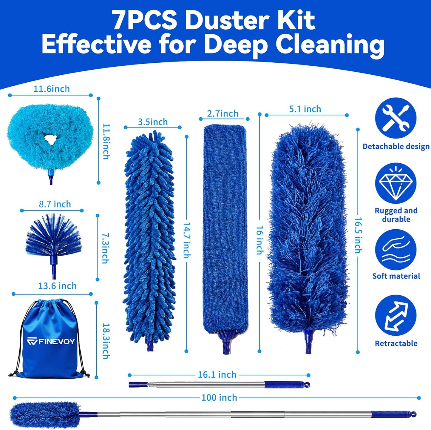 Dusters 6-in-1 Kit, Duster with Extension Pole 100 Inches, Dusters for Cleaning, Cobweb Duster, Microfiber Feather Gap Duster Cleaner for Fans, Blinds, Cars and Furniture