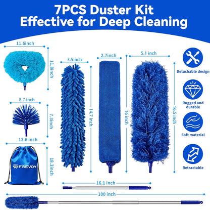 Dusters 6-in-1 Kit, Duster with Extension Pole 100 Inches, Dusters for Cleaning, Cobweb Duster, Microfiber Feather Gap Duster Cleaner for Fans, Blinds, Cars and Furniture