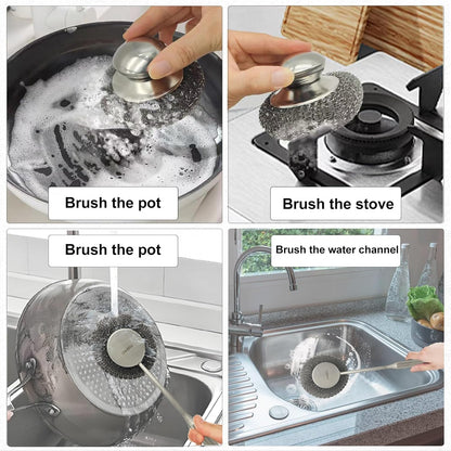 Stainless Steel Wool Scrubber Set, Long Handle & Handle Brushes,Metal Brush for Pots, Pans, Grills & Cutlery Cleaning (3 Pack)