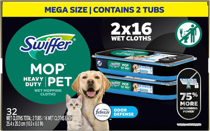 Swiffer Heavy Duty Mop Wet Multi-Surface Cloth Refills for Floor Mopping and Cleaning, Pet with Febreze Odor Defense, 32 count