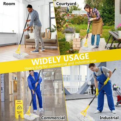 38 Qt Commercial Bucket with Side Press Wringer on Wheels, Yellow Industrial Set for Floor Cleaning, Including 1 Industrial Mop and Wet Floor Caution Sign, Beyoco