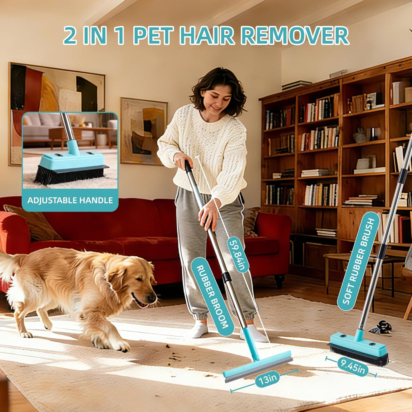 Rubber Broom Carpet Rake with Air Broom,Reusable Strong Grooming Gloves,Stainless Steel Handle, for Carpet Pet Hair Remover Hardwood Floor, Cleans Glass, Fine Dust, Hair, Liquid