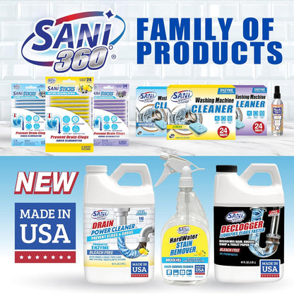 Sani 360 Drain Power Cleaner, Enzyme Probiotic Odor remover, Drain and Garbage Disposal Cleaner, Flush Away Grease, Soap Scum, Lemon scent Septic safe. Save Money on Plumbing, 16 uses, Made in the USA