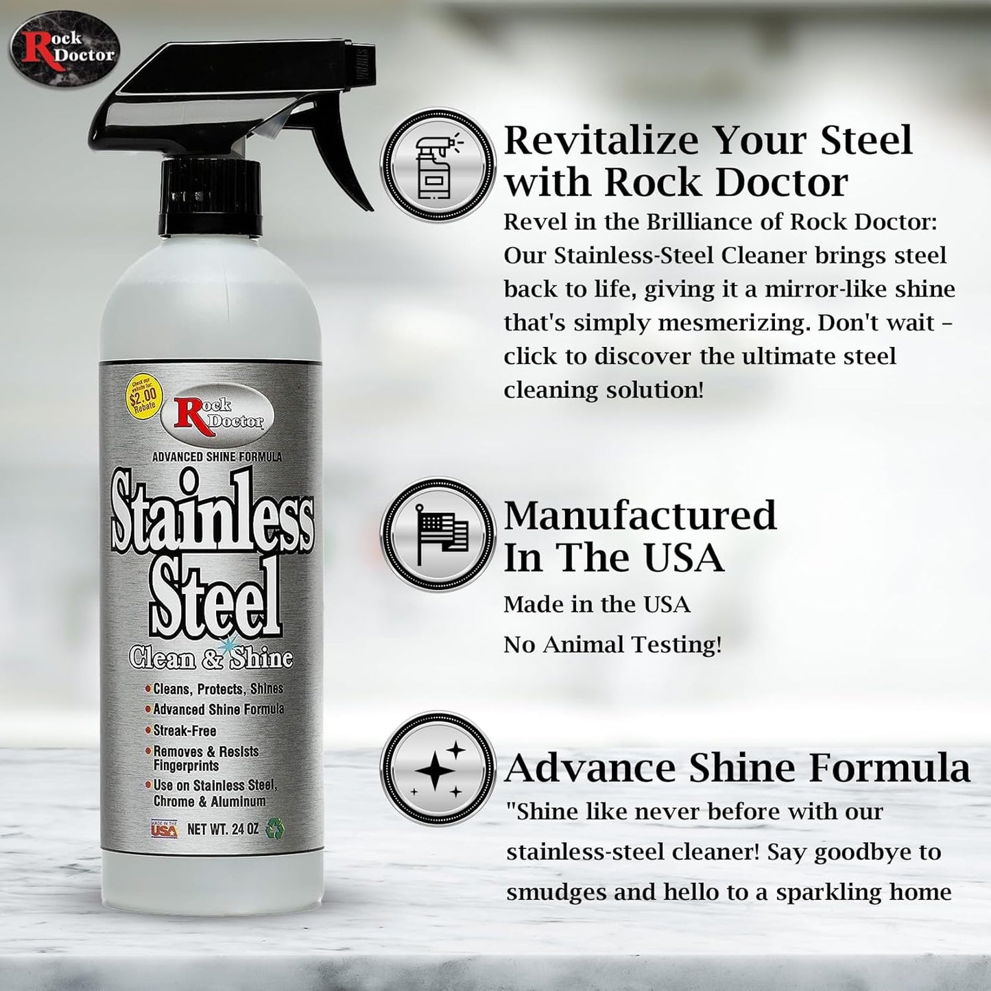 Rock Doctor Stainless Steel Cleaner and Polish, Streak-Free Cleaning Solution for Chrome and Aluminium, Stainless Appliance Cleaner, Stainless Steel Cooktop Cleaner, 24 oz. Spray Bottle, Pack of 1