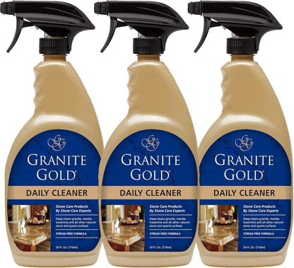 Granite Gold Daily Cleaner Spray Streak-Free Cleaning for Granite, Marble, Travertine, Quartz, Natural Stone Countertops, and Floors, 24 Fluid Ounces, 3-Pack
