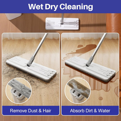 BOSHENG Mop and Bucket with Wringer Set, Flat Floor Mop and Bucket, with 3 Microfiber Mops for Floor Cleaning, Wet and Dry Use for Household Cleaning - White
