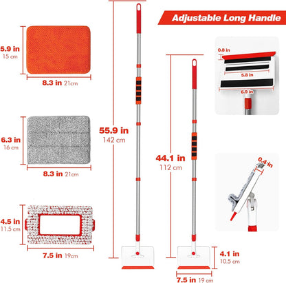JEHONN Baseboard Cleaner Tool with Handle, 56 inches Base Boards Cleaning Mop Scrubber, 1 Stiff Bristles Brush, 2 Chenille and 2 Microfiber Pads, Wall Duster for Floorboard Ceiling Window Tile