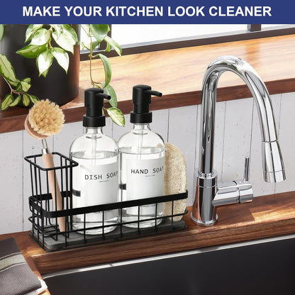 Dish Soap Dispenser for Kitchen, 16.9 fl oz Amber Hand and Dish Soap Dispensers, Kitchen Soap Dispenser Set with Sponge Holder, Brush Holder and Loofah Sponge, Countertop Sink Organizer Accessories
