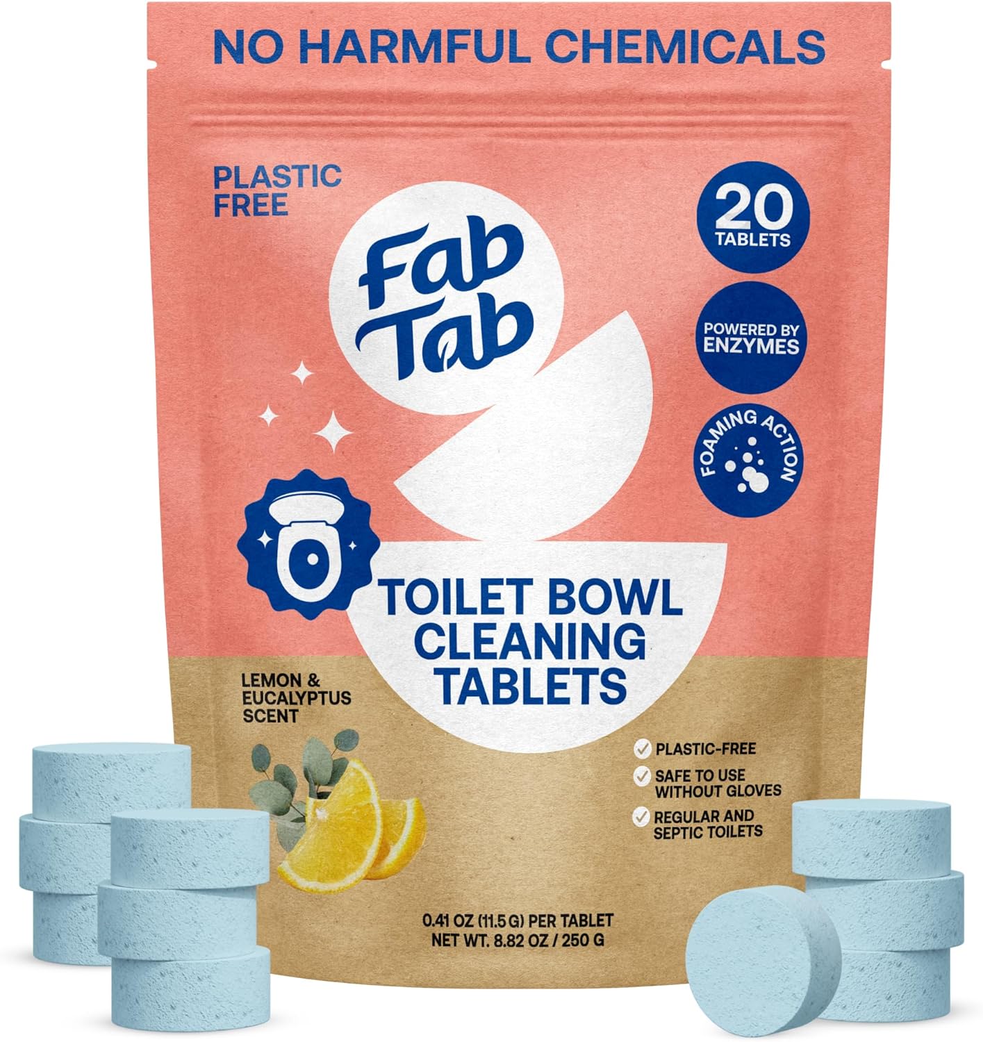 Fab Tab Toilet Bowl Cleaner Tablets, Powerful Stain Removal, No Harsh Chemicals, Plastic-Free, Removes Rust & Stains, Safe for Regular and Septic Tank Toilets, Lemon & Eucalyptus Scent