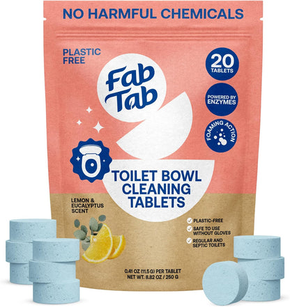 Fab Tab Toilet Bowl Cleaner Tablets, Powerful Stain Removal, No Harsh Chemicals, Plastic-Free, Removes Rust & Stains, Safe for Regular and Septic Tank Toilets, Lemon & Eucalyptus Scent