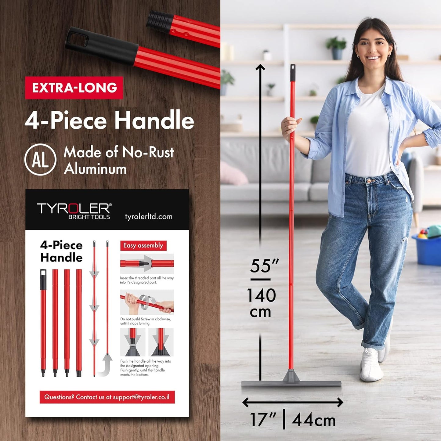 Tyroler Floor Squeegee for Concrete Floors, 17" Heavy Duty Squeegee for Floor, Squeegees Broom for Floors with 55" 4 Part Handle Perfect for Tiles, Marble, Garage, Deck, Patio, Bathroom, Shower