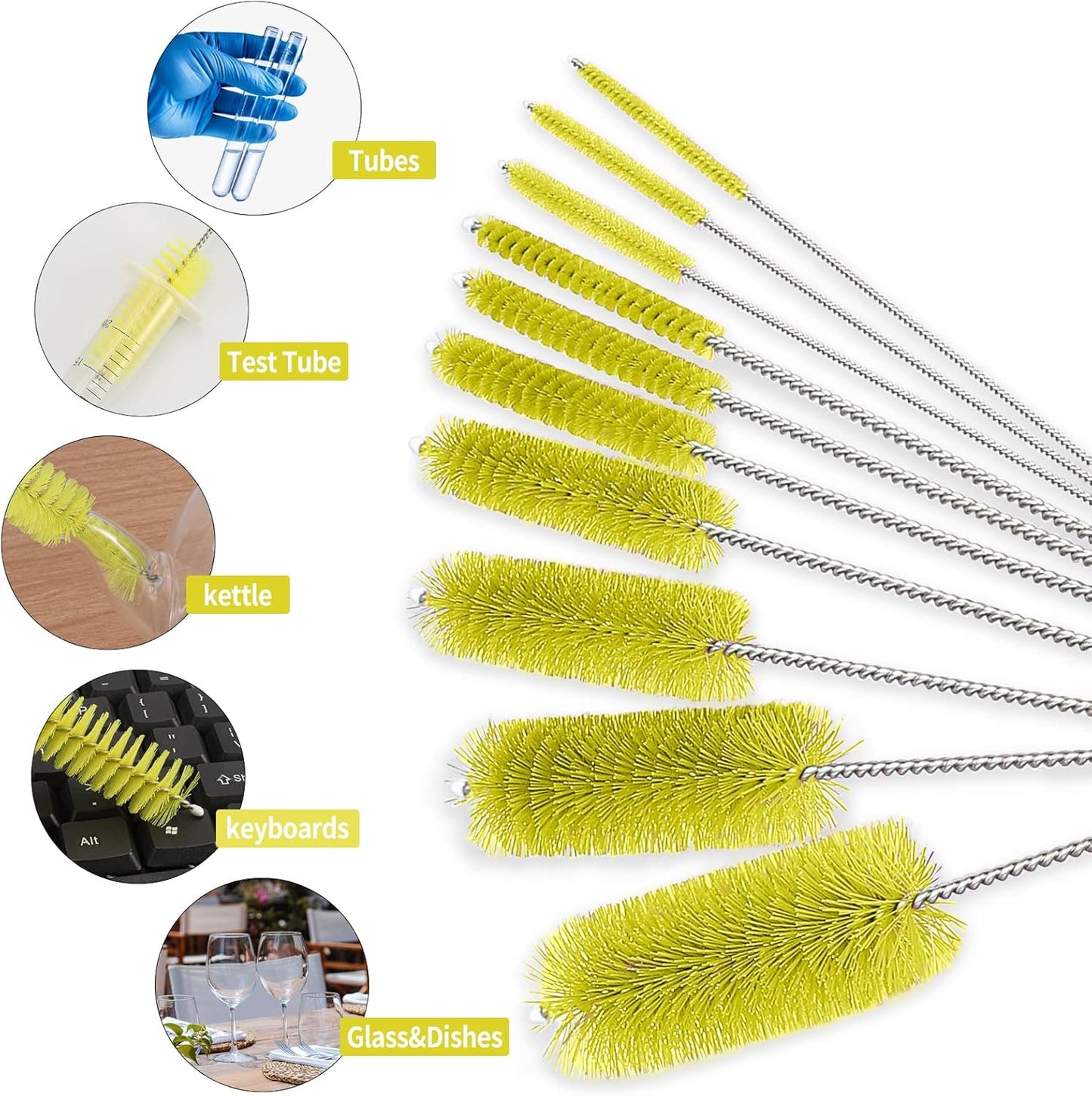 CiaraQ Bottle Cleaning Brushes, 8 Inch Nylon Tube Brush Set, Cleaner for Narrow Neck Bottles Cups with Hook, Set of 10pcs