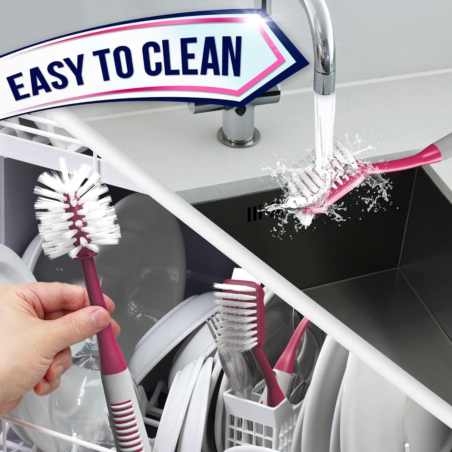 Dish Brush Set of 5 with Holder - Kitchen Scrub Brushes with Non-Slip Long Handle for Cleaning, Scrubber, Dishwashing, Dishes, Bottles, Straws, Cups, Pots & Sink, Black