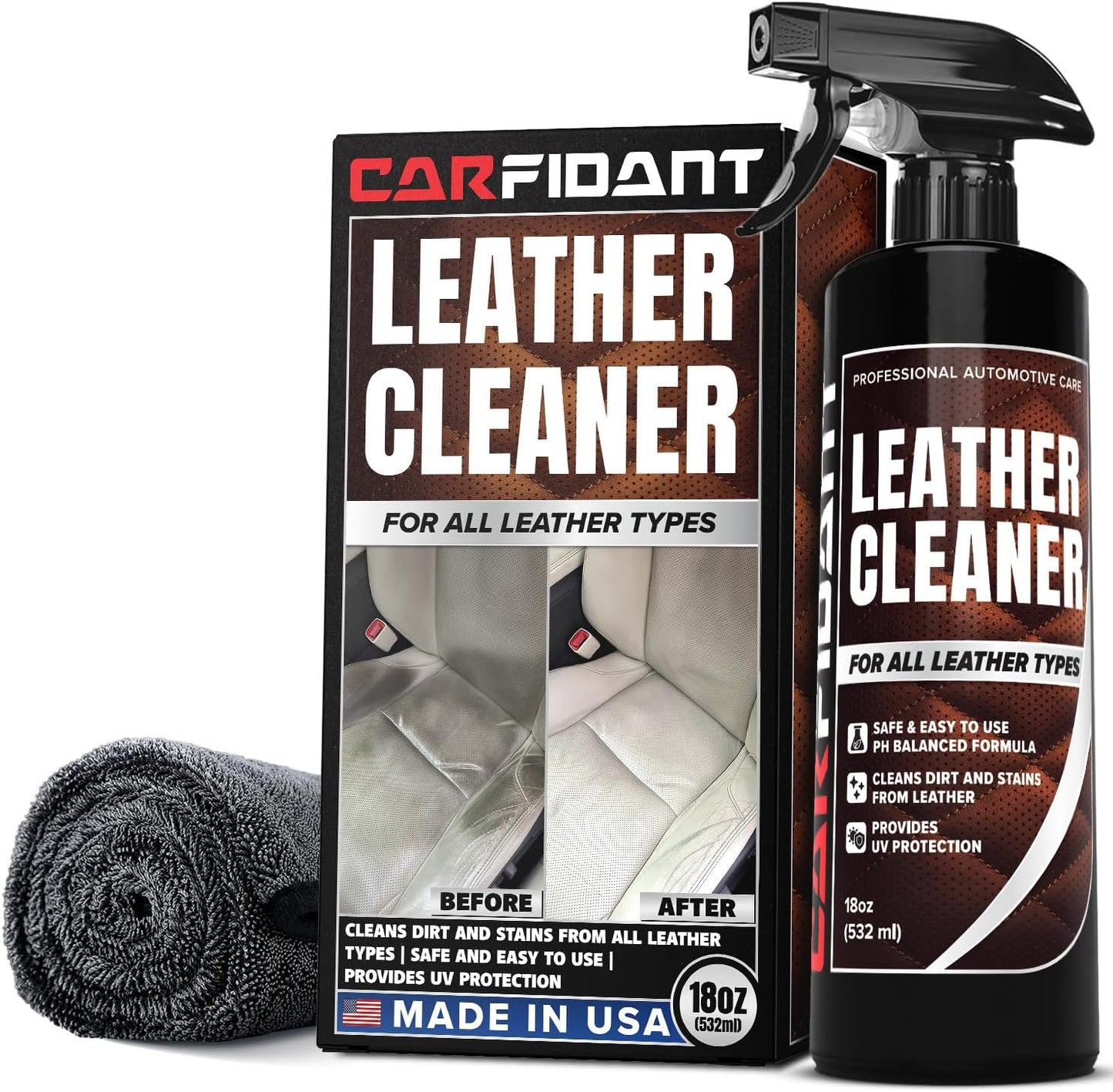 Leather Couch Cleaner - pH Neutral, Non-Toxic & Non-Greasy - Gently Removes Stains & Restores Natural Look - Safe for Car Leather Seats, Interior & Upholstery, Furniture & Sofa - 18 fl. Oz with towel