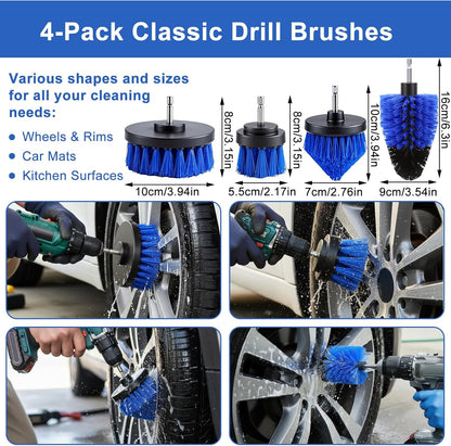 32-Piece Car Detailing Kit with Drill Brush Attachments & Polishing Pads – Professional Auto Detailing Brushes, Wheel & Tire Cleaning Tools with Storage Bag (Blue)